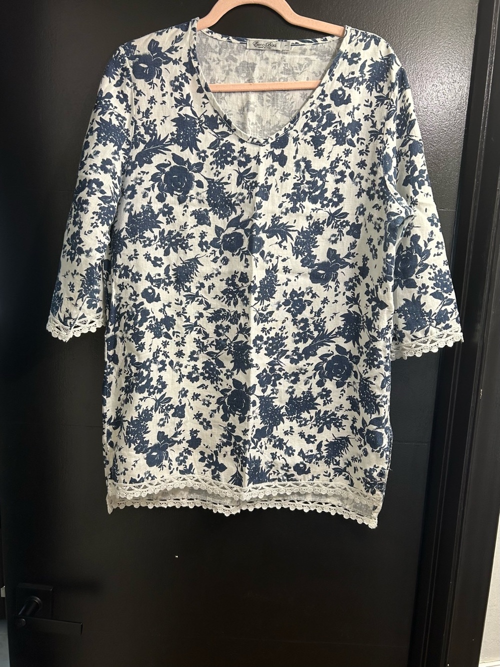 Elana Baldi Cream Tunic with Blue Floral Print and Lace Trim